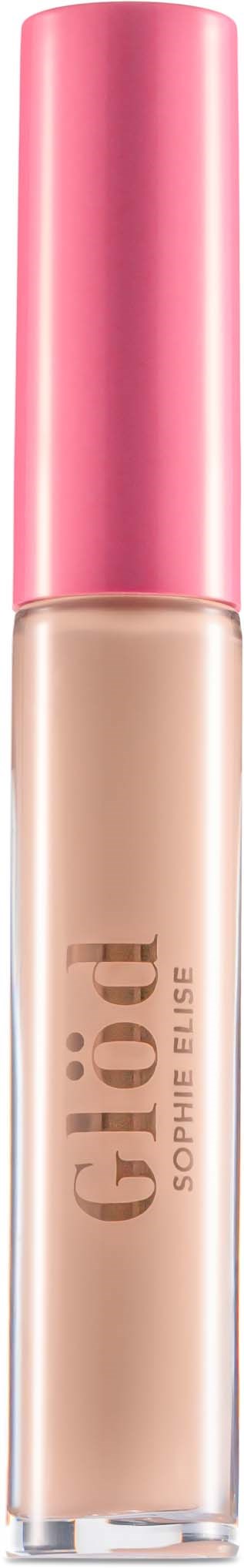 Læbglansrør med pink låg og klar krop, der viser beige gloss, mærket G Dermic Sophie Feller.