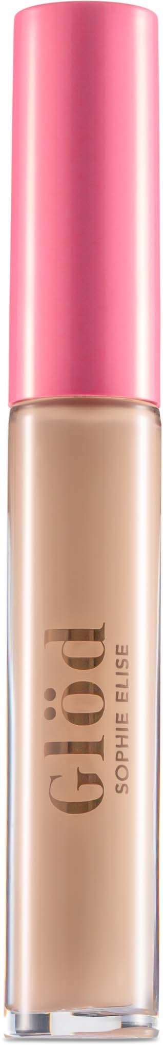 Flydende concealer i gennemsigtig tube med lyserødt låg og beige indhold.