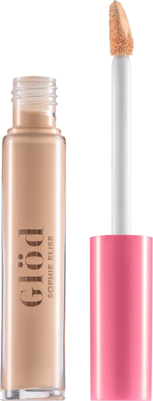 Glossy beige læbefarverør med pink låg og påføringspind.