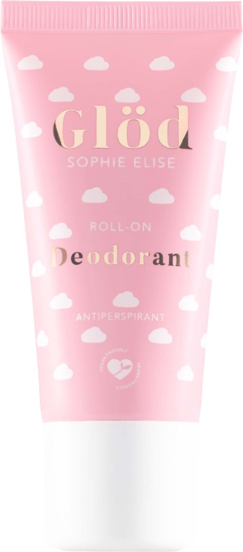 Vaaleanpunainen deodorantti valkoisilla pilvillä ja kultaisella ja mustalla tekstillä, nimeltään roll-on antiperspirantti by Sophie Elise.