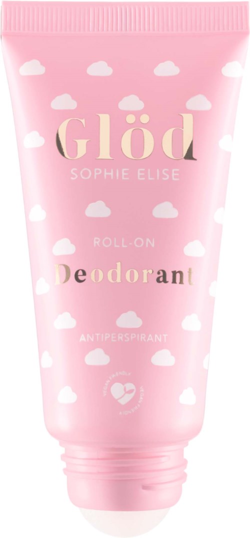 Vaaleanpunainen roll-on-deodoranttipakkaus, jossa valkoisia pilvimäisiä kuvioita ja kultainen teksti Glöd Sophie Elise.