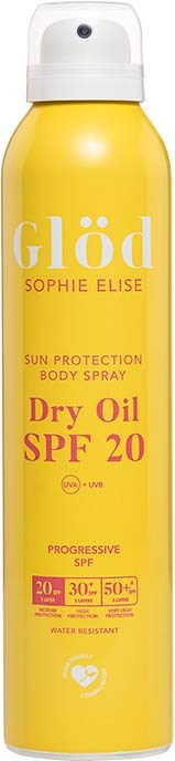 Gul sprayflaske med hvit hetten, merket 'Glöd Sophie Elise Sun Protection Body Spray Dry Oil SPF 20'.