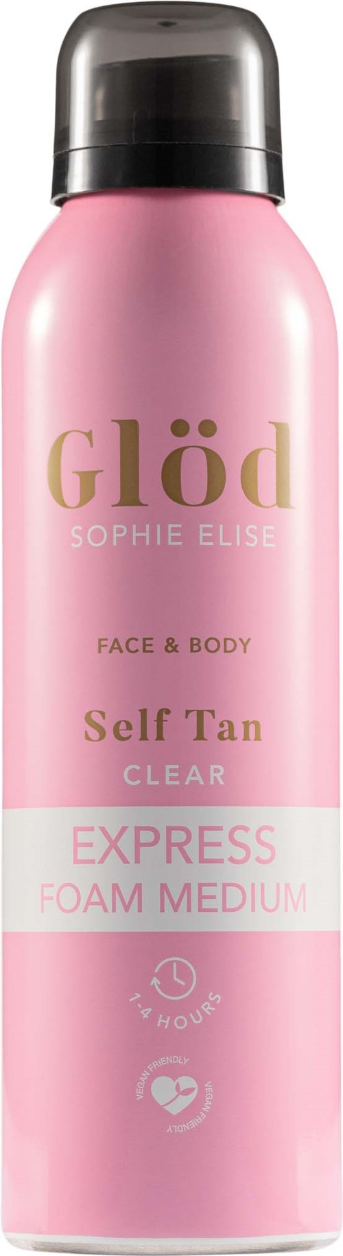 Lyserødt selvbruningsskum i sprayflaske med sort låg, mærket Glöd Sophie Elise, Face & Body, Self Tan, Express, Foam Medium.