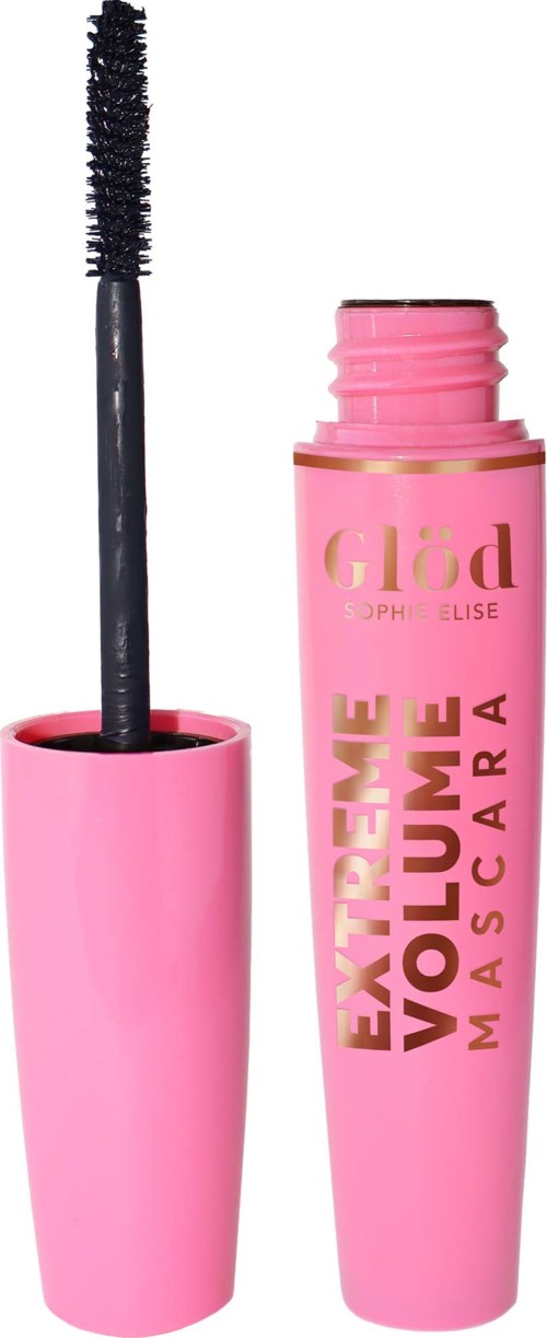 Rosa mascara-rør med børste som vises. Tekst fremhever "Extreme Volume" og "Mascara". Gulldetaljer på emballasjen.