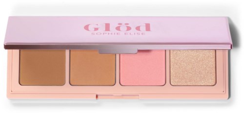 Een roze make-up palette met vier tinten: bruin, beige, roze en goudglitter, gemarkeerd GloD Sophie Elise.