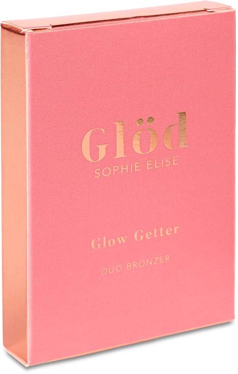Lyserød æske med guldtekst: Glød, Sophie Elise, Glow Glitter Duo Bronzer.