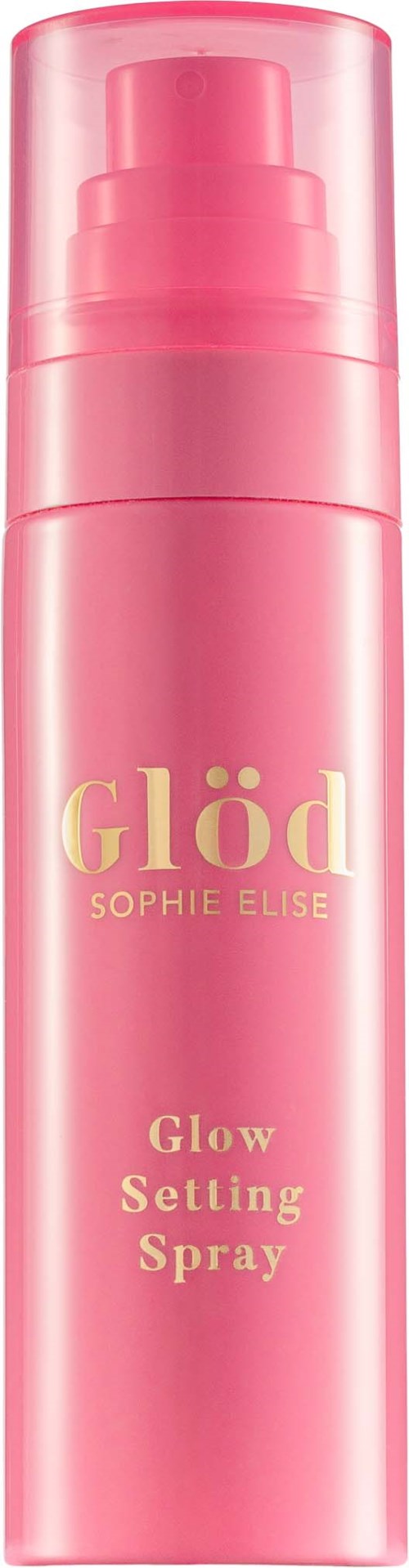 Rosa aerosolisuihke, jossa lukee Glöd Glow Setting Spray, valmistaja Sophie Elise.