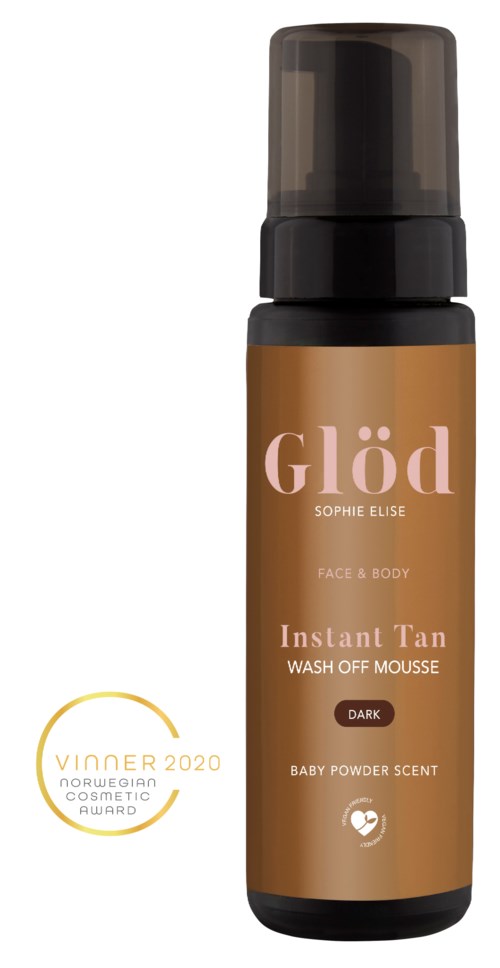 En flaske av Glöd Instant Tan Wash Off Mousse med mørk lukt, tildelt i 2020, for ansikt og kropp.