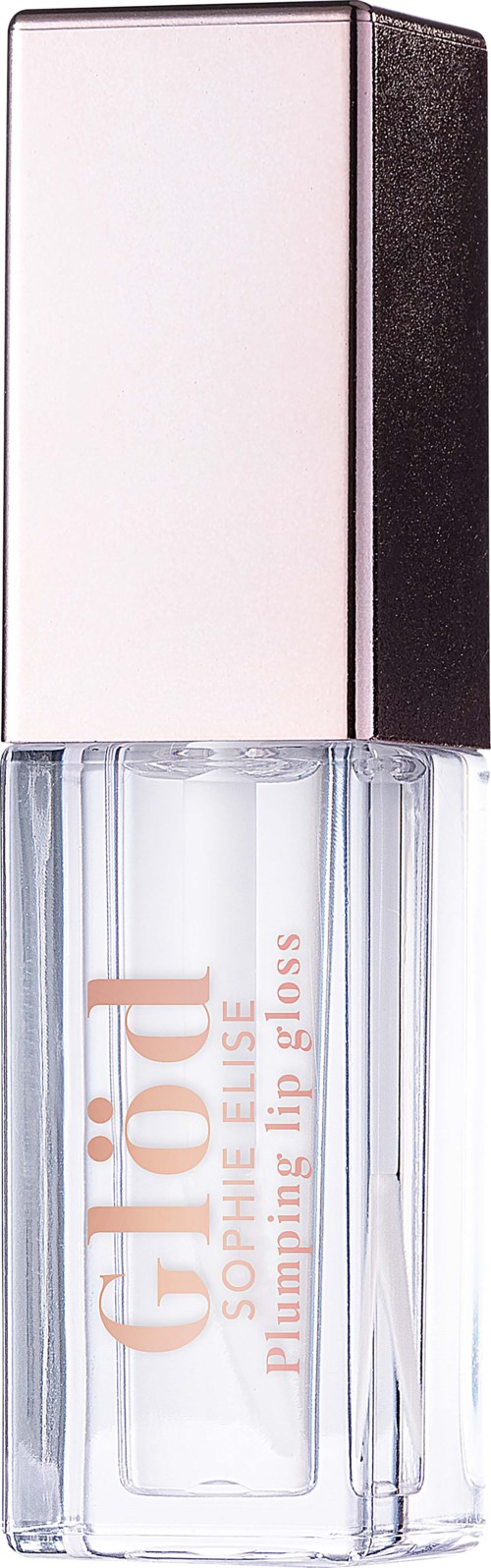 Een lipglossfles met heldere container en zwarte dop, gemarkeerd "Guerlain Sophiline Plumping Lip Gloss."
