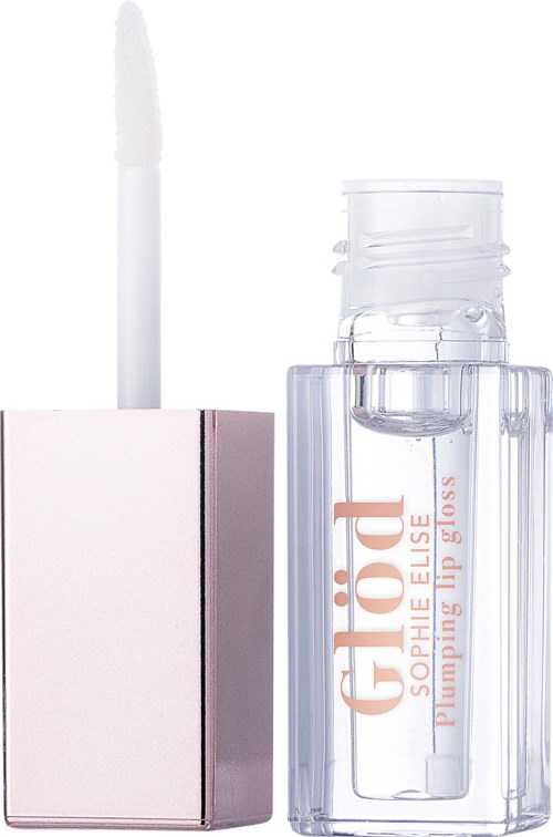 Duidelijke lipglossfles met een witte applicator en roze tekst op de fles. De dop is open.