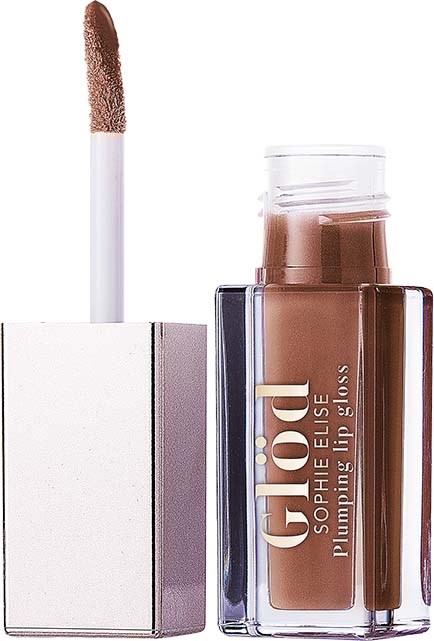 Lippenbalsem fles met applicator en tekst op de fles die zegt 'GLOSS Sophie Elise Plumping Lip Gloss.'