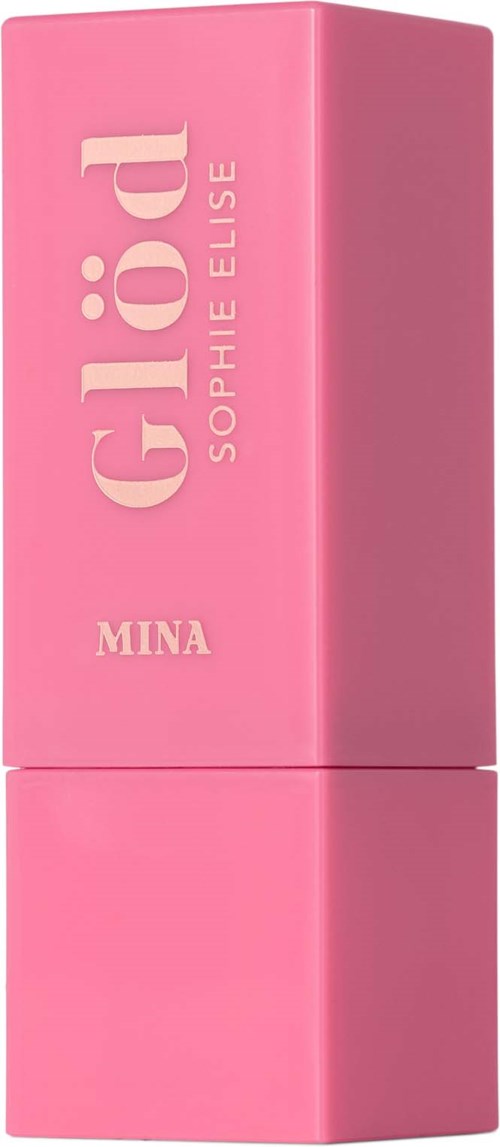 En rosa leppestiftboks med ordene 'Glam Sophie Elise Mina' på.