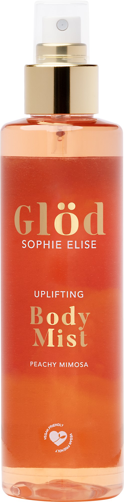 Een lange, oranje sprayspuitfles met 'Glöd Sophie Elise Body Mist Peachy Mimosa' en een gouden dop.