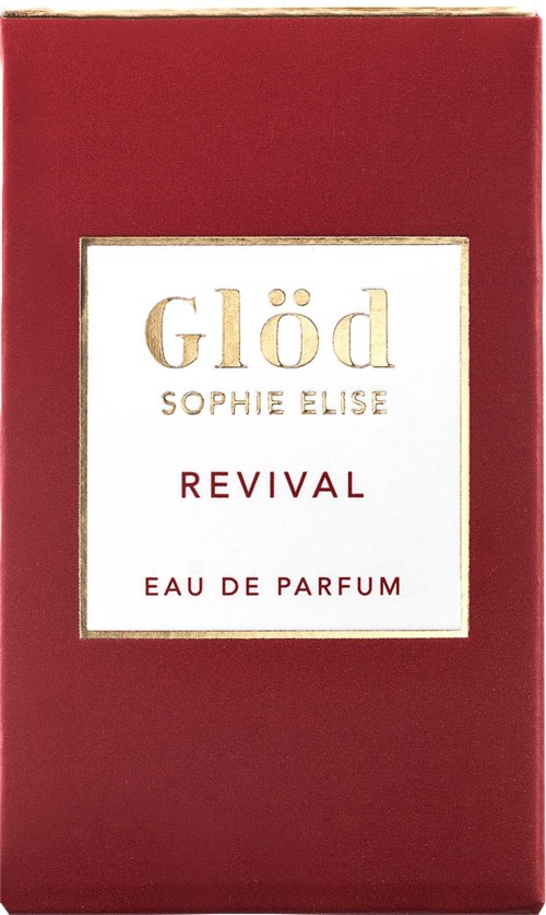 En rød parfumeæske med guld- og hvid tekst, der viser mærket Glöd og duftnavnet Revival.