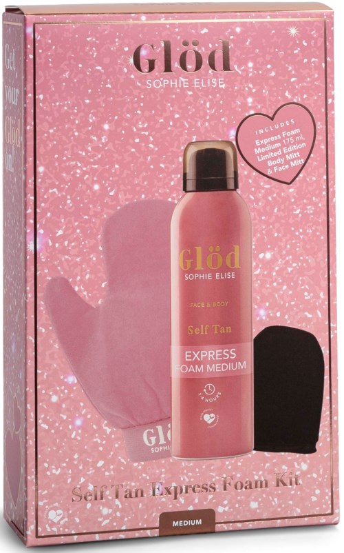Roze zelfbruiner schuimset met fles, zwarte spons en glitterverpakking.