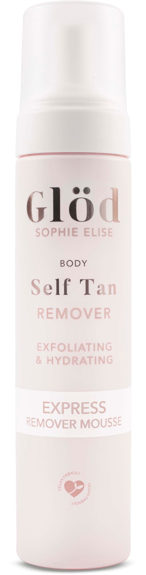 En hvid flaske af Glöd Self Tan Remover med pumpe, mærket til peeling og fugtighedsbehandling.