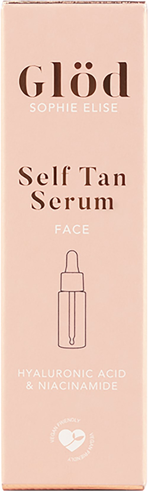 En boks av Glow Self Tan Serum for ansiktet med hyaluronsyre og niacinamide, med en dråpetikillustrasjon.