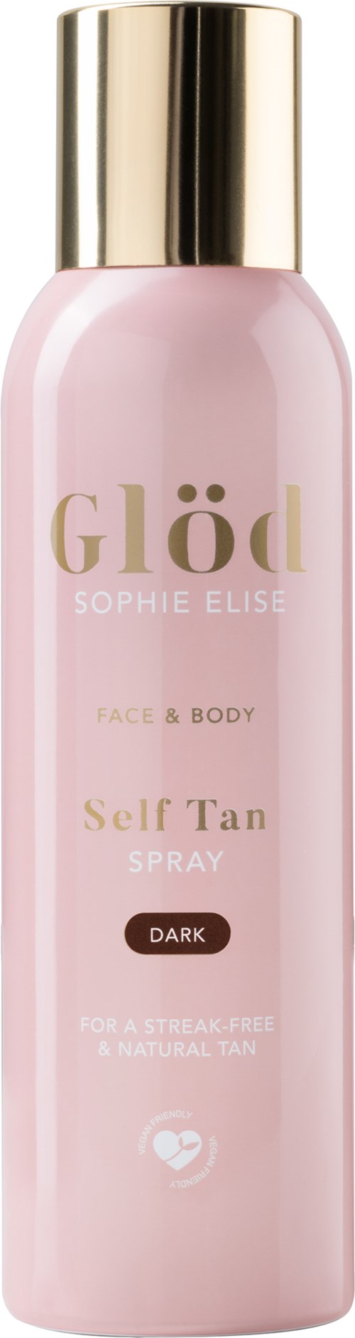 En lyserød sprayflaske med guldhåntet mærket 'Glöd Sophie Elise Self Tan Spray Dark' til ansigt og krop.