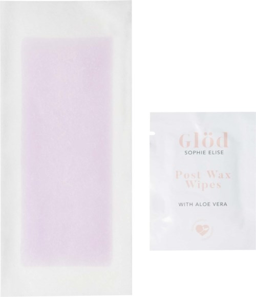 En påse med Glöd post-vaxservetter med aloe vera och ett stort tomt rosa område på en vit bakgrund.