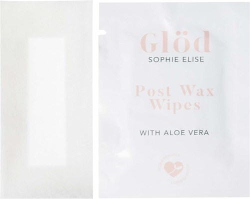 En förpackning med Glöd Post Wax Wipes med Aloe Vera, i vitt förpackning med rosa och svart text.