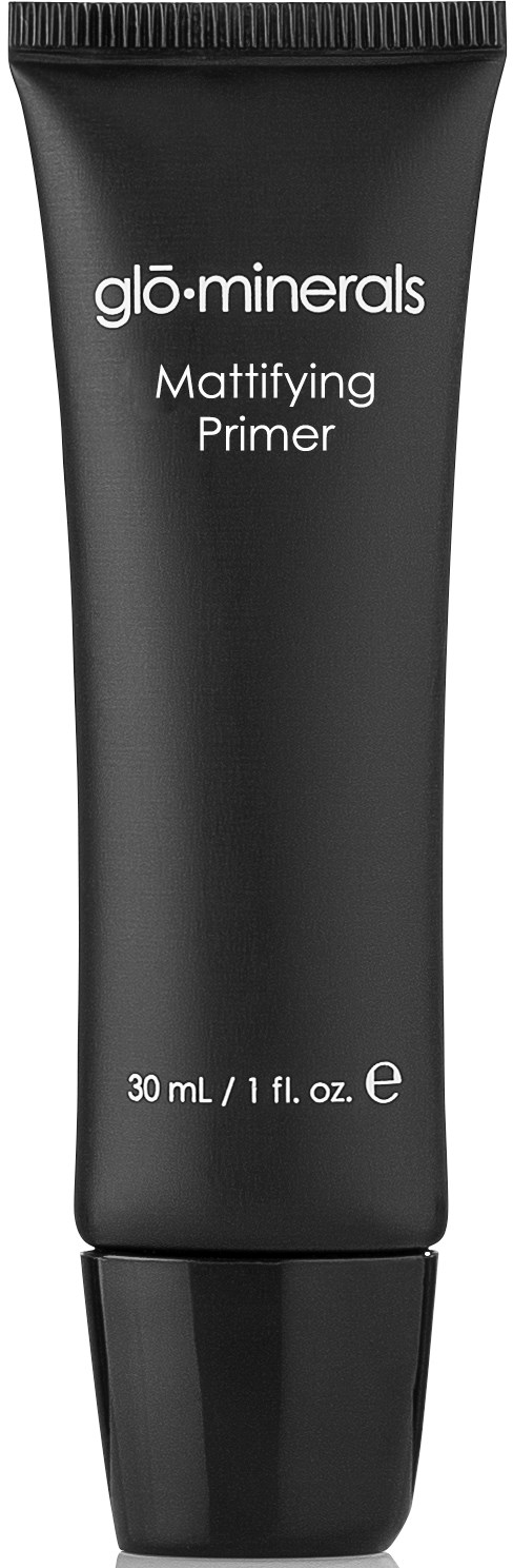 Svart tube märkt 'glo-minerals Mattifying Primer' med vitt text, storlek 30 mL.