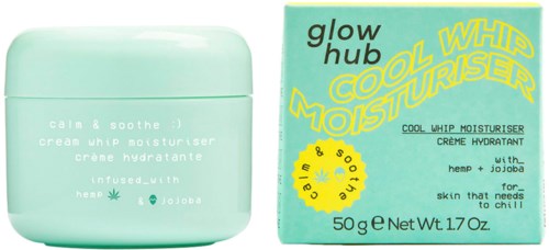 En ljusgrön burk med kräm och en matchande box för Glow Hub's Cool White Moisturiser med hamp och jojoba.