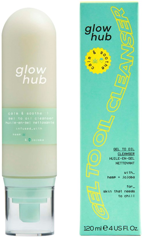 En vit flaska och en blå låda med gul och svart text, tvål för ansiktsrengöring med hamp och jojoba.