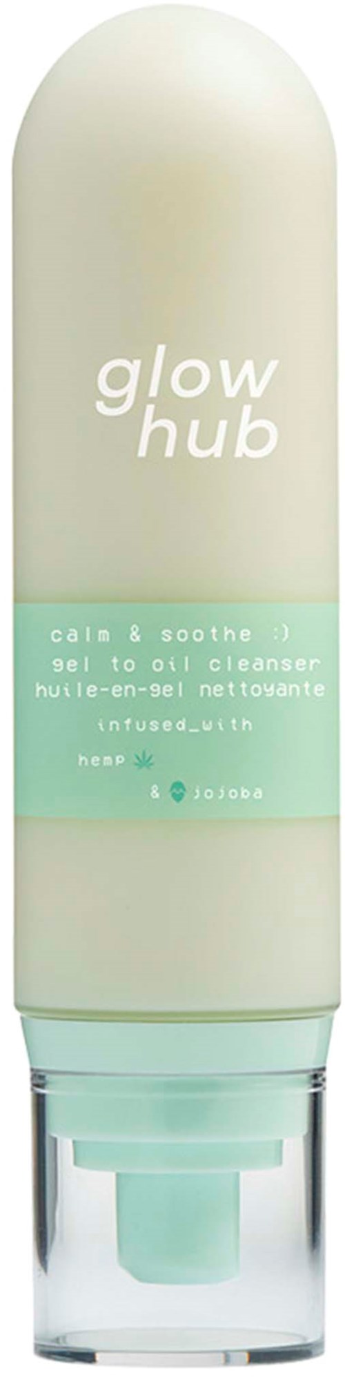En vit tub med genomskinlig pump och etiketten 'glow hub' innehåller en lugnande och lugnande gel för huden.