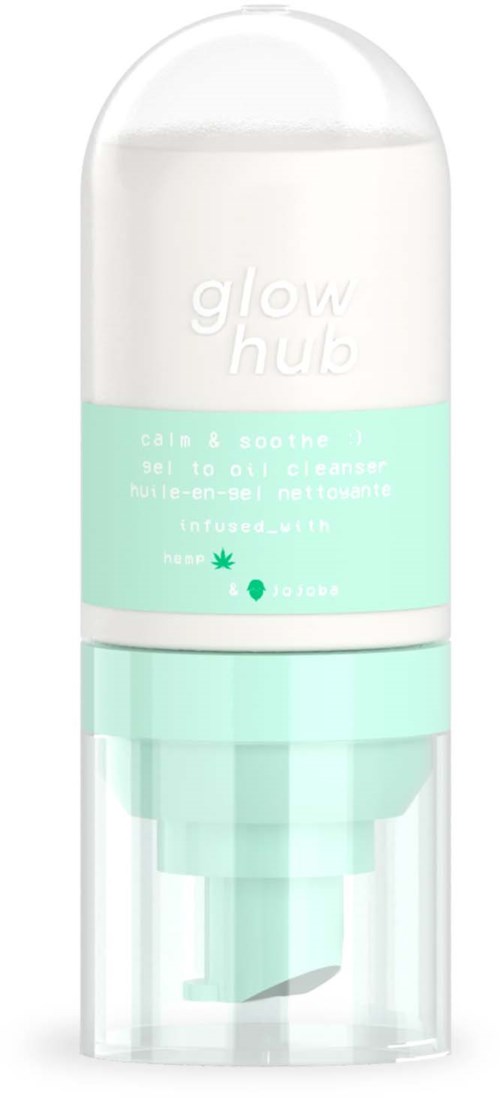 A light blue and white container with a rounded top, labeled 'glow hub' and containing a device inside.