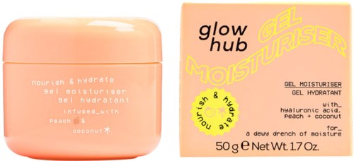A peach-colored container and box with text about a gel moisturizer for nourishing skin and hydration.