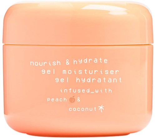 A peach-colored gel moisturizer container with white text, featuring a peach and coconut illustration.