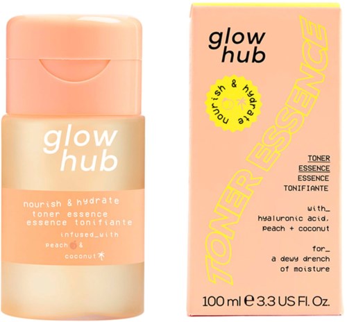 Rosafarget flaske og eske med tekst, skjønnhetspleieprodukt med fersken og kokosnøtt, og glow hub-merke.