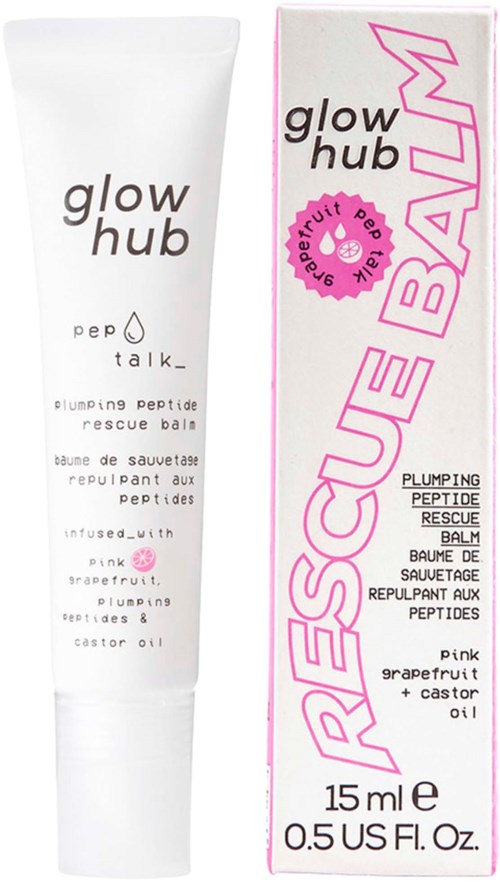 En hvit tube og rosa eske med hudpleieprodukt merket 'Glow Hub' som inneholder rosa grapefrukt og castor olje.
