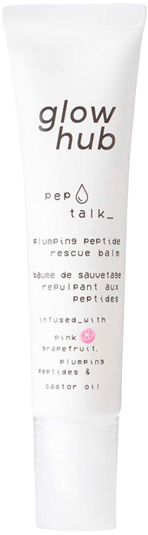 En hvit tube med tekst om glow hub, pep talk, og ingredienser som gresskar og ricinolje.