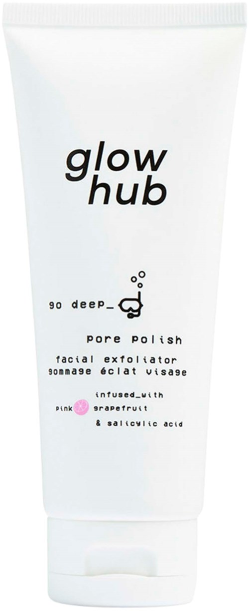 En hvit tube merket 'glow hub' med tekst om en pore polish ansiktspeeling med grapefrukt og salisylsyre.