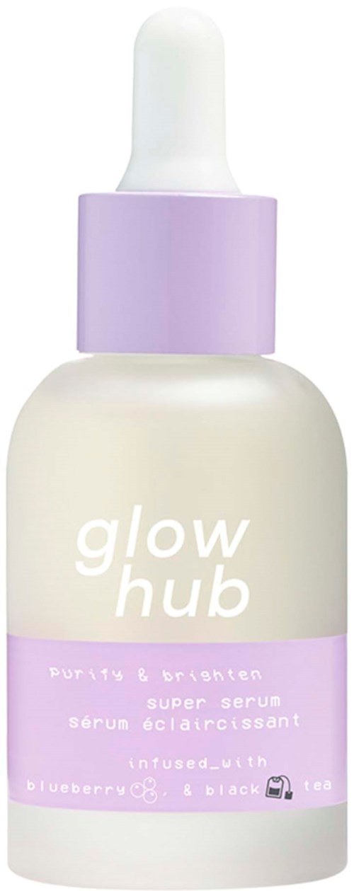 Een kleine fles glow hub super serum met een paarse en witte pipetdop en label.