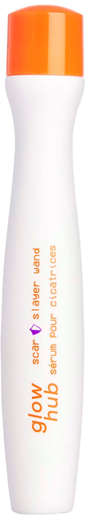 A white bottle with an orange cap, labeled "Glow Hub," intended for skincare or cosmetic use.