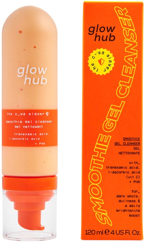 A skincare gel tube and box with bright orange and yellow colors, labeled "Glow Hub" and "Oil Gel Cleanser".