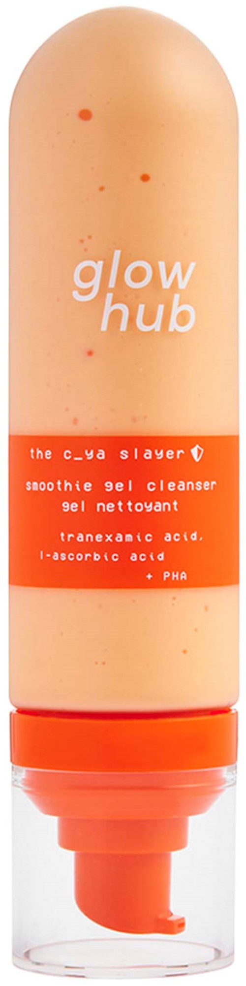 A peach-colored tube with a clear flip-top cap, labeled 'glow hub' and describing a skincare product.