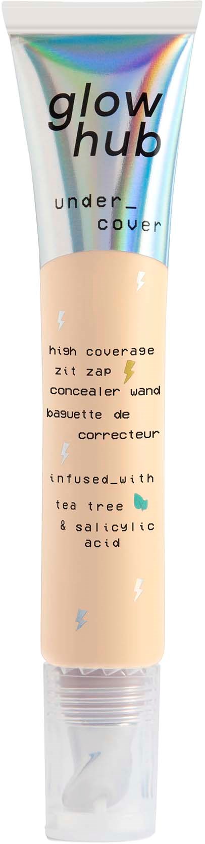 A tube of concealer with a colorful and shiny cap, labeled "Glow Hub" and details about tea tree and salicylic acid.