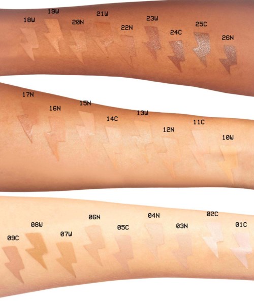 Three arms showing different skin tone shades with lightning bolt symbols and color codes for matching.