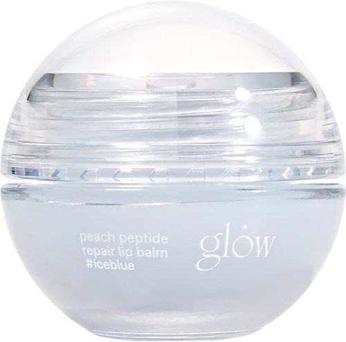 Okrągły przezroczysty słoik z peach peptide repair balsamem do ust, oznaczony 'glow,' z białą pokrywką i prostym designem.