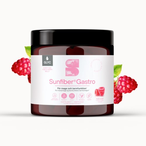 Purkkimerkintä Sunfiber Gastro, jossa on vadelmia sivuilla, käytetään ruoansulatuksen tukemiseen ja terveyteen.