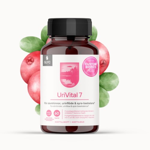 Lisäraraviskannu nimeltä UriVital 7, jossa marjoja ja vihreitä lehtiä taustalla.