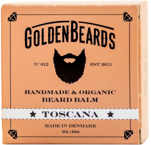 En låda med handgjord och ekologisk skäggbalsam kallad Golden Beards, gjort i Danmark, med en logga av ett skägg och mustasch.