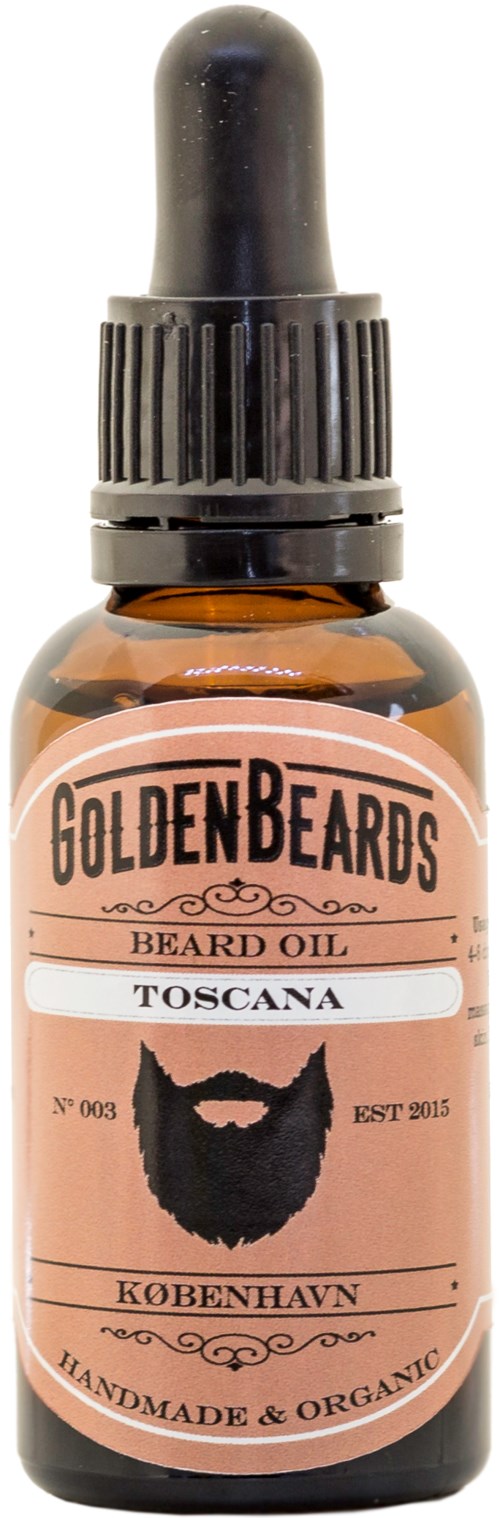 En liten flaska med skäggolja med pipett, märkt 'GoldenBeards', 'Toscana' och 'København', med en skäggig man.