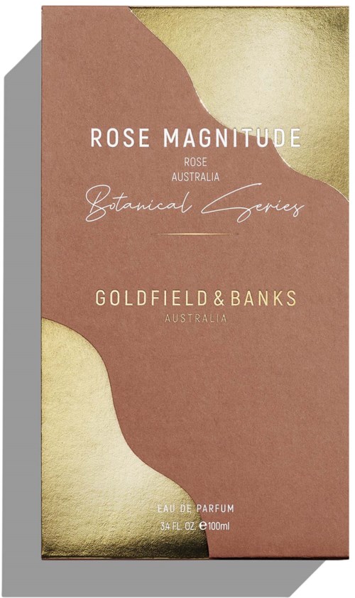 Kukkaistuoksupakkaus vaaleanpunaisissa ja beigeissä väreissä, sisältää tekstiä Rose Magnitude ja Goldfield & Banks.