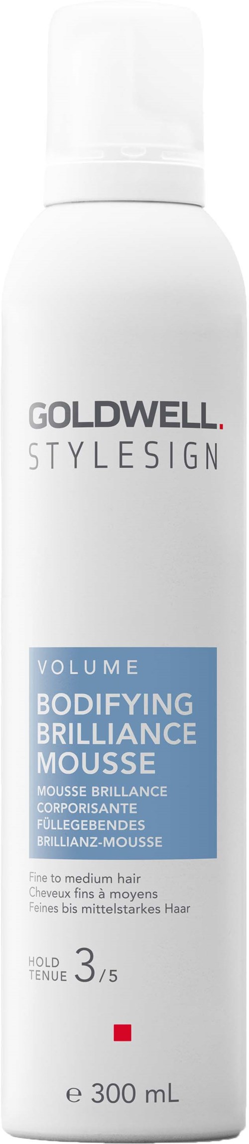 En hvit boks av Goldwell StyleSign volum, oppbyggende mousse med blå og svart tekst.
