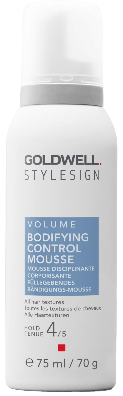 Biała butelka pianki do stylizacji Goldwell Stylesign, 75 ml, z niebieskim i czerwonym tekstem i logo.