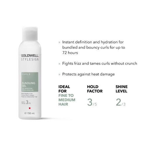A hair gel bottle for curly hair with benefits for hydration, frizz control, and heat protection, rated for medium hair.